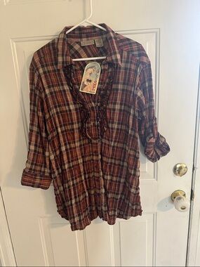 Art And Soul Red Brown Plaid Ruffle-Front Mini Dress